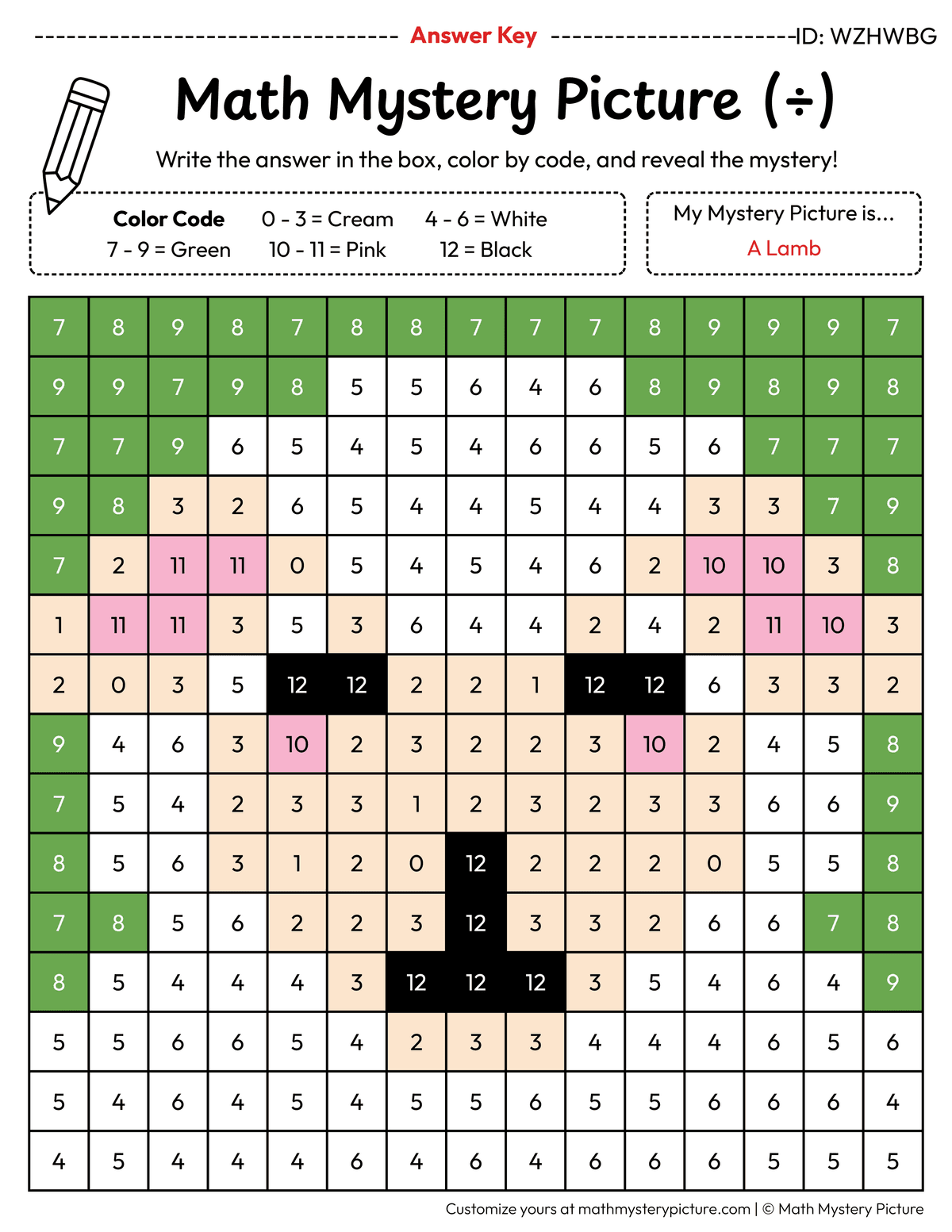 Picter Math Printable Lamb Division Facts Color by Number Worksheet — Math Mystery ...