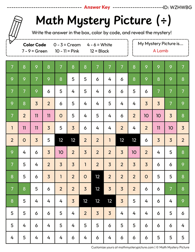 Division Homework Sheets Printable Lamb Division Facts Color by Number Worksheet — Math Mystery ...