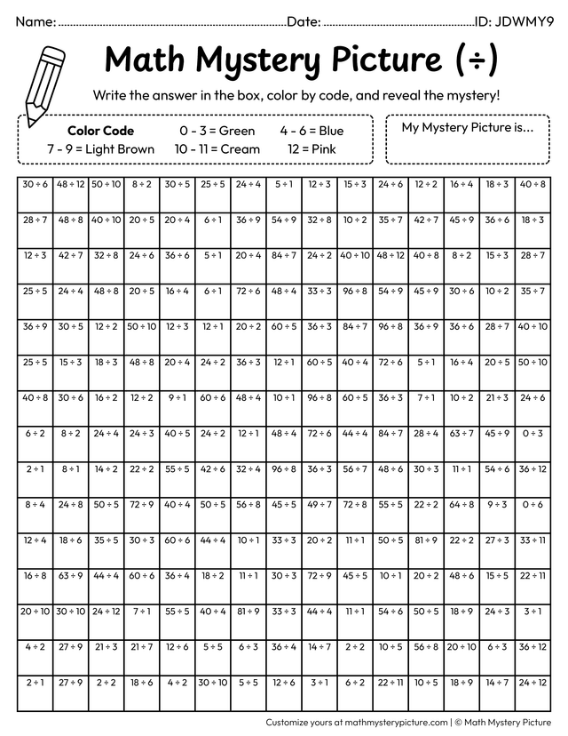 Division Homework Sheets Printable Nest Division Facts Color by Number Worksheet — Math Mystery ...