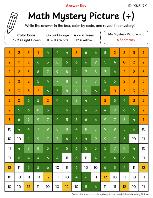 Division Homework Sheets Printable Shamrock Division Facts Color by Number Worksheet — Math ...