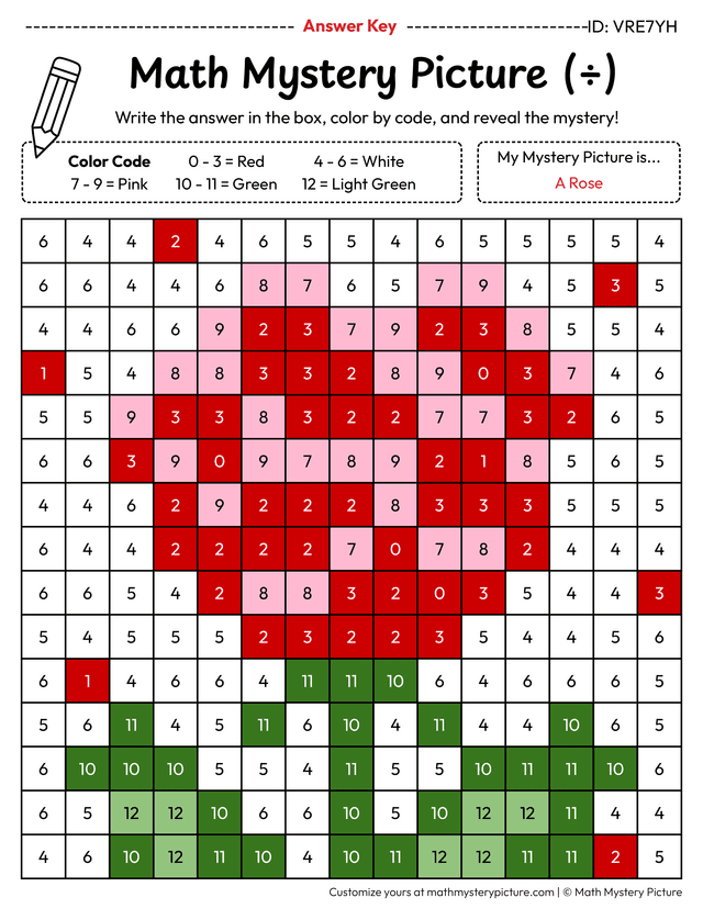 Division Homework Sheets Printable Rose Division Facts Color by Number Worksheet — Math Mystery ...