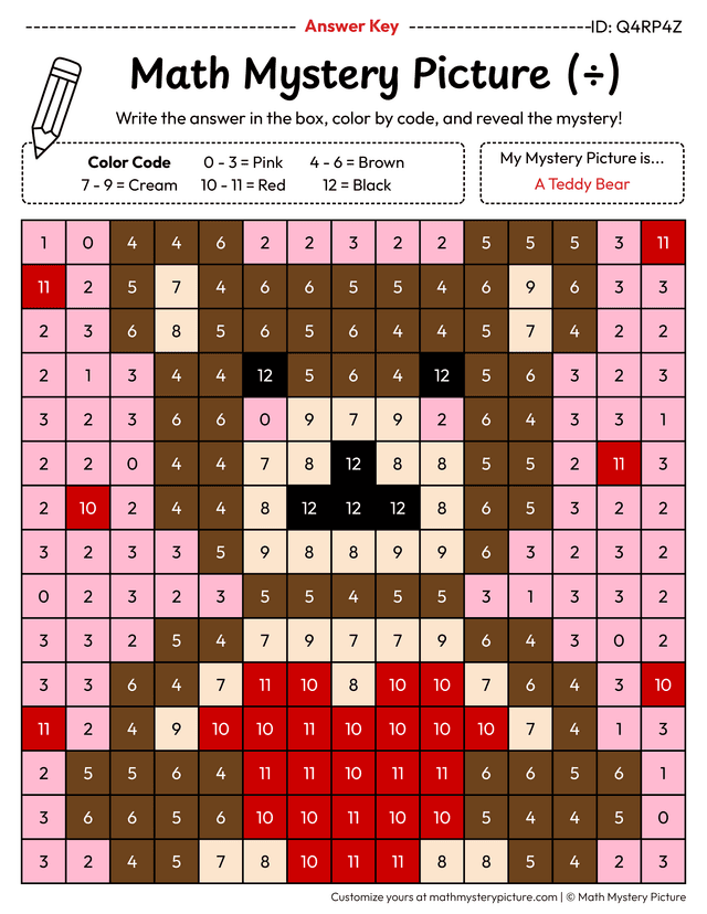 Division Homework Sheets Printable Teddy Bear Division Facts Color by Number — Math Mystery Picture